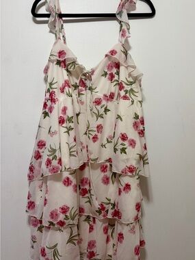 wild fable Cream Floral Tiered Midi Dress with Pink Roses